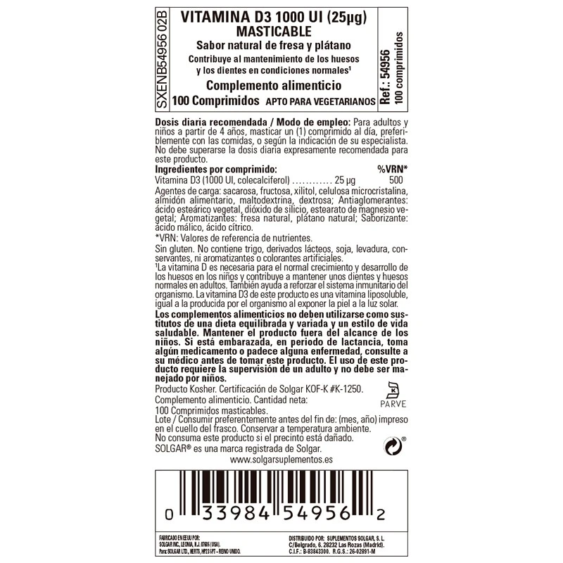 Solgar Vitamina D3 1000 UI Comprimidos Masticables 2 Solgar Vitamina D3 1000 UI Comprimidos Masticables - Imagen 2